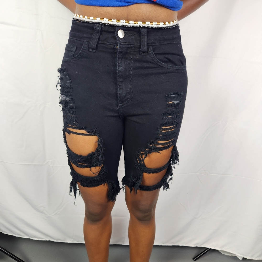 Fashion Nova Distressed Black Bermuda Shorts Small Biker Grunge Y2K